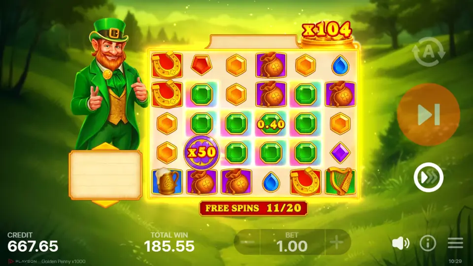 Ενεργοποίηση Free Spins στο Golden Penny x1000 με 4 σύμβολα Scatter στο πλέγμα