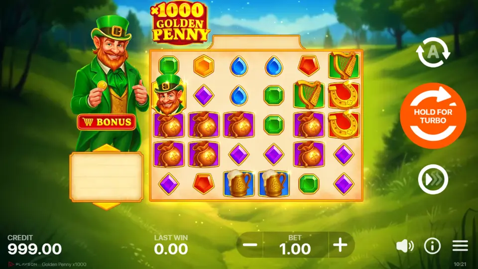 Το βασικό πλέγμα cluster pays του Golden Penny x1000 με όλα τα σύμβολα ορατά